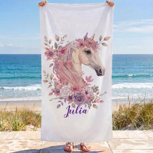 Girls Cute Horse Personalized Name Beach Towel
