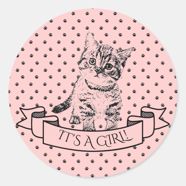 Girls Cute Kitten Cat Pink Baby Shower Classic Round Sticker (Front)
