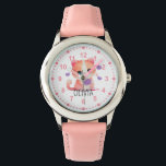 Girls Cute Kitty Kitten Cat Pink Custom Name Watch<br><div class="desc">This super cute and girly kid's watch makes the perfect first watch for any kid. This design features a beautiful watercolor kitten holding a purple heart. You can customize it with your little princess name, and it's perfect for children who love kittens or cats.</div>