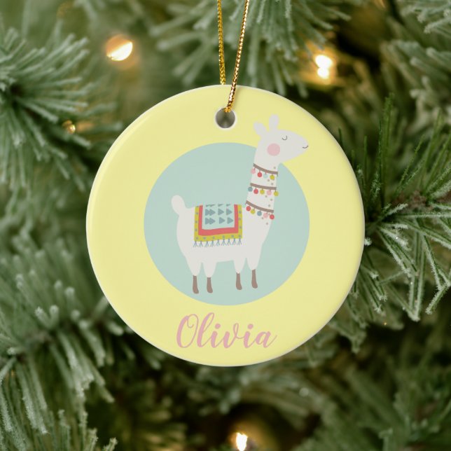 Girls Cute Llama Personalized Kids Ceramic Ornament (Tree)