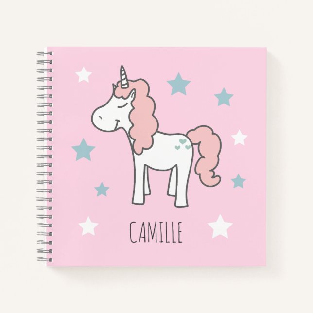 Girls Cute Magical Pink Unicorn Kids School Notebook (Front)