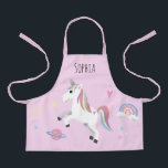 Girls Cute Magical Pink Unicorn & Name Kids Apron<br><div class="desc">This cute and whimsical pink kids apron design features a unicorn cartoon,  planet,  stars,  a crown,  a rainbow and heart,  and can be personalized with your girls name. The perfect magical gift for your little chef or gardener!</div>