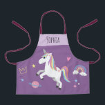 Girls Cute Magical Purple Unicorn & Name Kids Apron<br><div class="desc">This cute and whimsical purple kids apron design features a unicorn cartoon,  planet,  stars,  a crown,  a rainbow and heart,  and can be personalized with your girls name. The perfect magical gift for your little chef or gardener!</div>