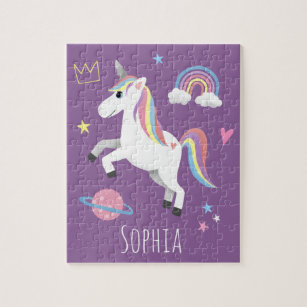 Girls Cute Magical Purple Unicorn & Name Kids Jigsaw Puzzle