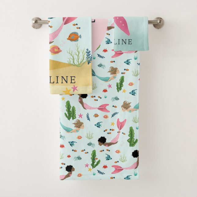 Girls Cute Magical Under the Sea Mermaid Kids Bath Towel Set (Insitu)