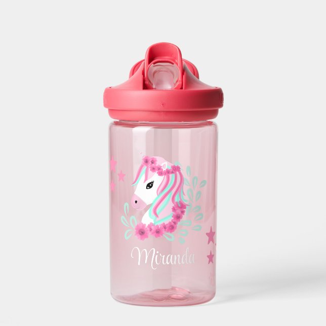 Girls Cute magical Unicorn | Add your name Water Bottle (Front)