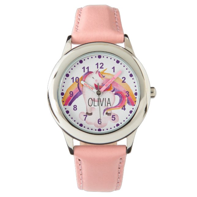 Girls Cute Magical Unicorn Pink Custom Name Watch (Front)