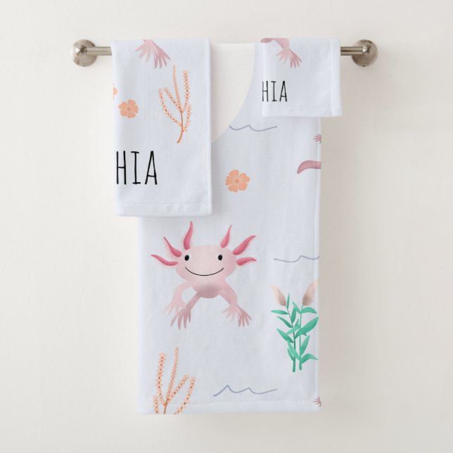 Girls Cute & Modern Pink Axolotl Pattern Kids Bath Towel Set (Insitu)
