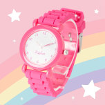 Girls Cute Modern Pink Stylish Custom Name Kids Watch<br><div class="desc">Custom,  Kids,  Name,  cute steel pink leather girls watch. Personalize it with your child's name.</div>