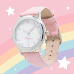 Girls Cute Modern Pink Stylish Custom Name Kids Watch<br><div class="desc">Custom, Kids, Name, cute steel pink leather girls watch. Personalize it with your child's name.</div>