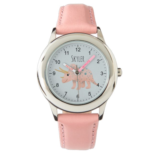 Girls Cute Modern Pink Triceratops Dinosaur Kids Watch (Front)