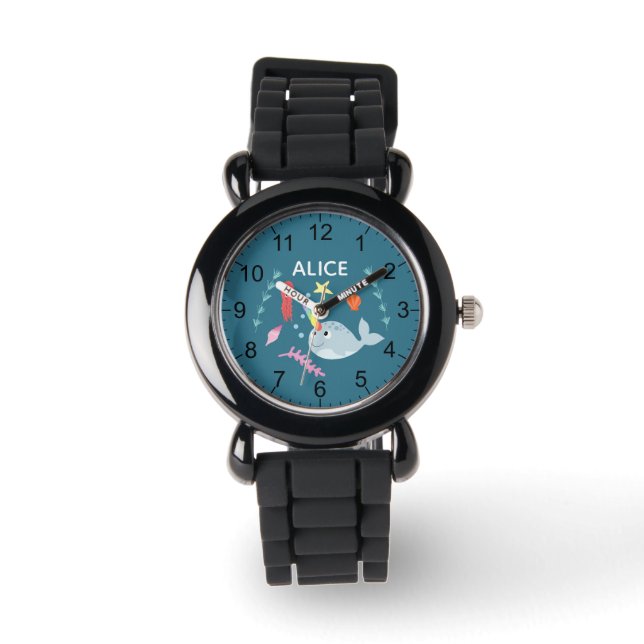 Girls Cute Modern Rainbow Narwhal and Name Kids Watch (Front)