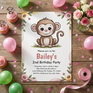 Girls Cute Monkey Jungle Birthday Party Invitation