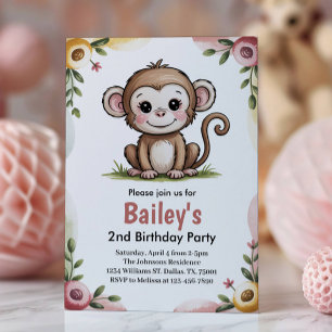 Girls Cute Monkey Jungle Birthday Party Invitation