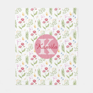 Girls Cute Monogram Name Floral Fleece Blanket