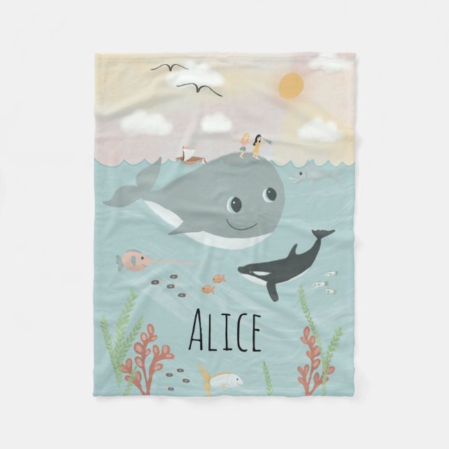 Girls Cute Ocean Orca and Whale Kids Fleece Blanket (Front)