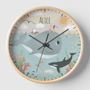 Girls Cute Ocean Whale Illustration Kids Nursery Clock