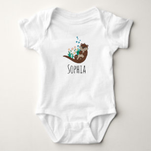 Girls Cute Otter Cartoon Flowers and Name Baby Bodysuit