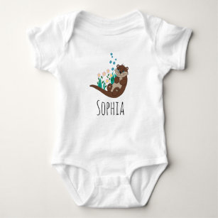Girls Cute Otter Cartoon Flowers and Name Baby Bodysuit