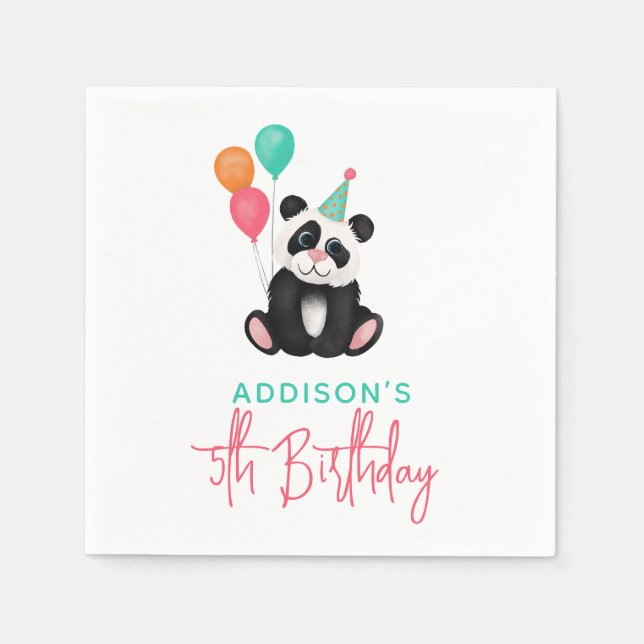 Girls Cute Party Panda Bear 5th Birthday Napkin (Front)