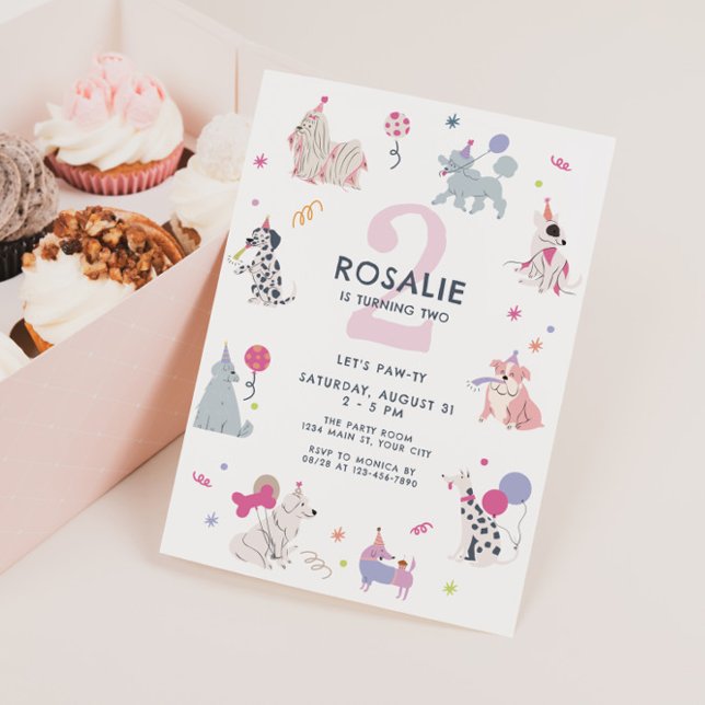 Girls Cute Pastel Dog Let's Pawty Birthday Invitation (Girls Pastel Dog Birthday Invite)