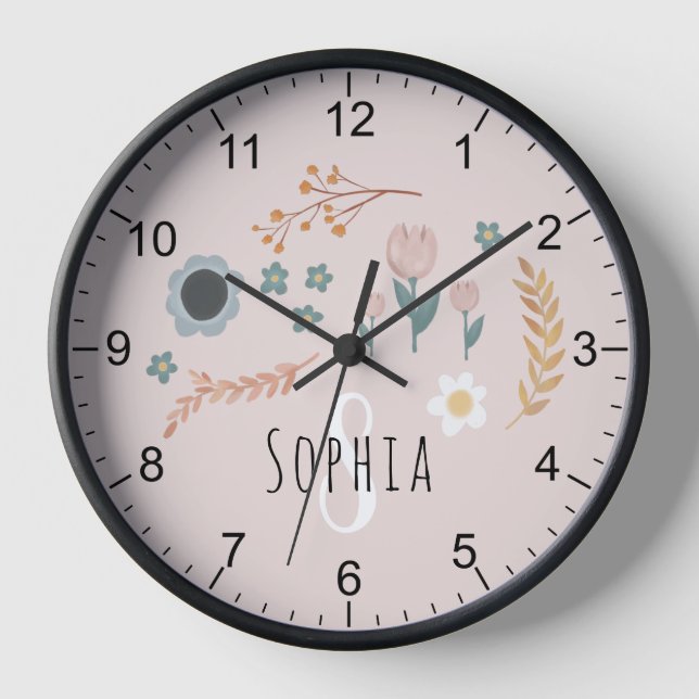 Girls Cute Pastel Floral Print Botanical Kids Clock (Front)