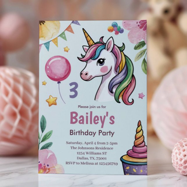 Girls Cute Pastel Unicorn Kids 3rd Birthday Invitation (Creator Uploaded)