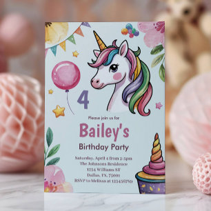 Girls Cute Pastel Unicorn Kids 4th Birthday Invitation