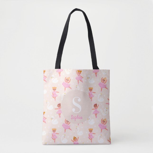 Girls Cute Pink Ballerina Pattern Personalized Tote Bag (Front)