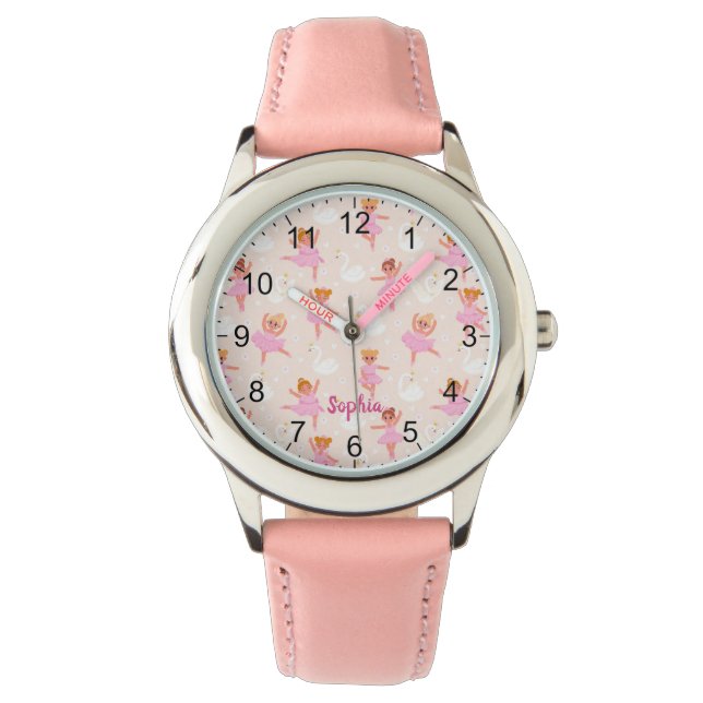 Girls Cute Pink Ballerina Personalized Name Watch (Front)