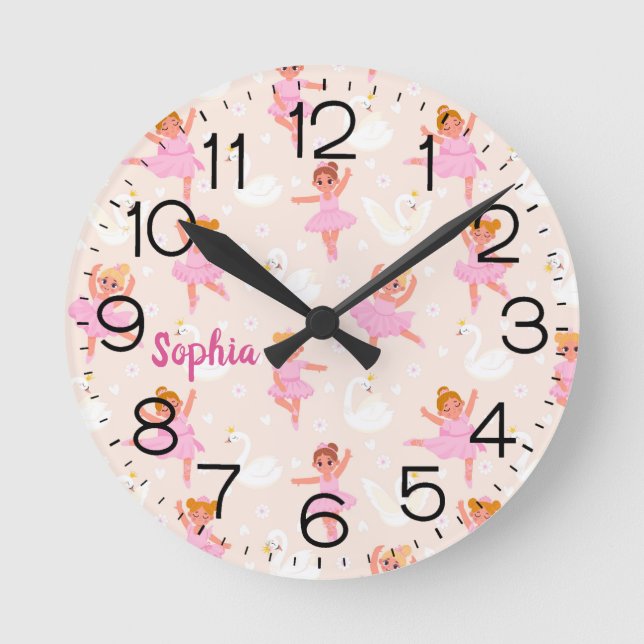 Girls Cute Pink Ballet Dancer Swan Personalized Round Clock (Front)