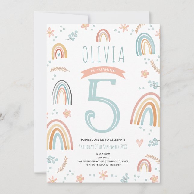 Girls Cute Pink Boho Rainbow Floral Birthday Invitation (Front)