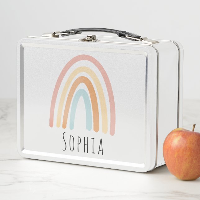 Girls Cute Pink Boho Rainbow Kids Personalized Metal Lunch Box (In Situ)