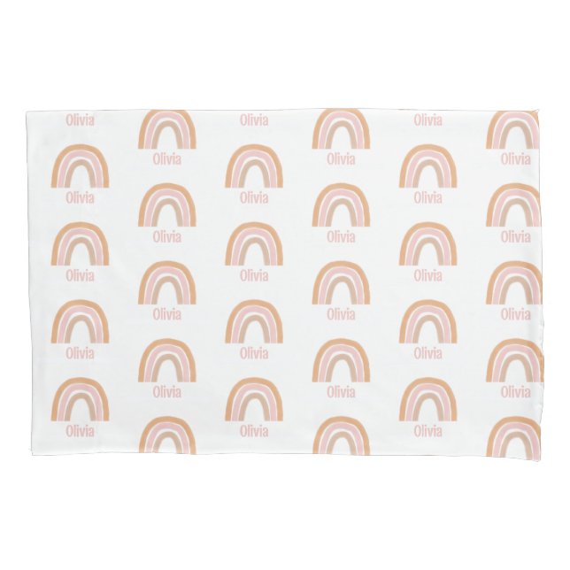 Girls Cute Pink Boho Watercolor Rainbow Name Pillowcase (Front)