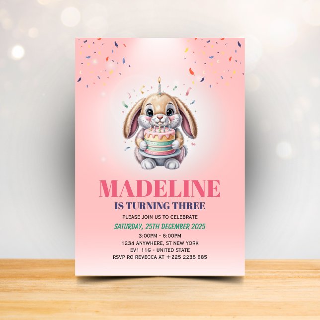 Girls Cute Pink Bunny Cake Birthday Invitation (Creator Uploaded)