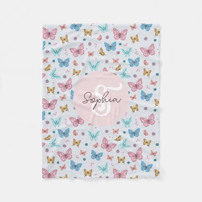 Girls Cute Pink Butterfly Kids Monogram Fleece Blanket (Front)