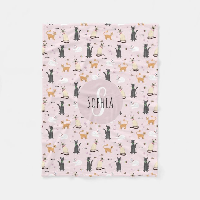 Girls Cute Pink Cat Cartoon Pattern & Name Kids Fleece Blanket (Front)