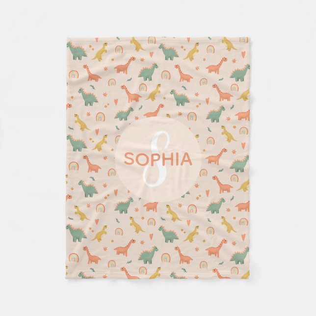 Girls Cute Pink Dinosaur Monogram Kids Fleece Blanket (Front)