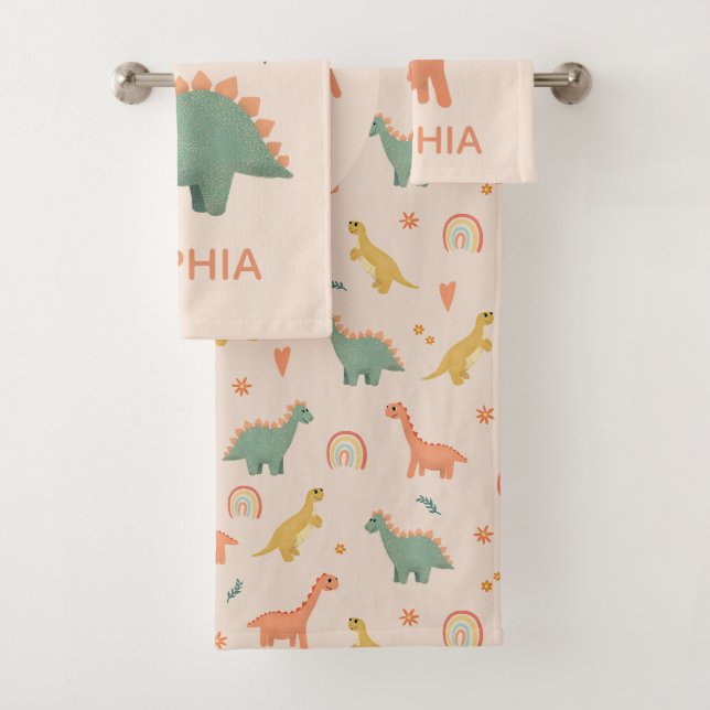 Girls Cute Pink Dinosaur Pattern Name Kids Bath Towel Set (Insitu)
