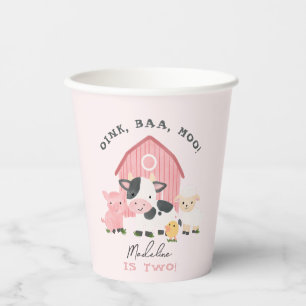 Girls Cute Pink Farm Animal Barnyard 2nd Birthday Paper Cups