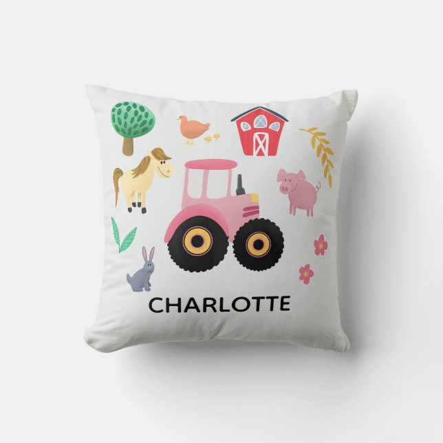 Girls Cute Pink Farm Animal Tractor Kids Nursery Throw Pillow (Front)