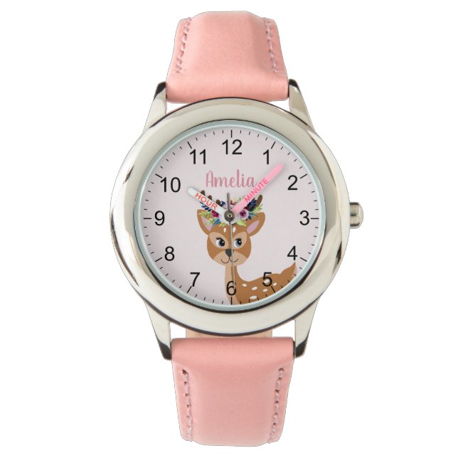 Girls Cute Pink Floral Deer & Flowers Kids Watch (Front)