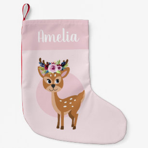 Girls Cute Pink Floral Deer & Name Kids Small Christmas Stocking