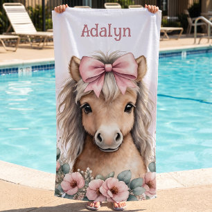 Girls Cute Pink Floral Horse Personalized Name  Beach Towel