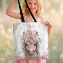 Girls Cute Pink Floral Horse Personalized Name 