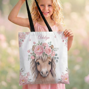 Girls Cute Pink Floral Horse Personalized Name Tote Bag