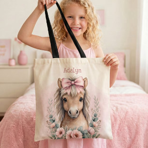 Girls Cute Pink Floral Horse Personalized Name Tote Bag