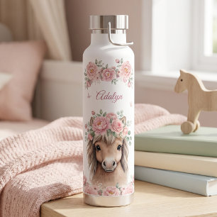 Girls Cute Pink Floral Horse Personalized Name Water Bottle