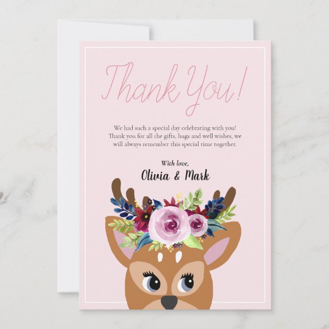 Girls Cute Pink Floral Woodland Deer Baby Shower Thank You Card (Front)