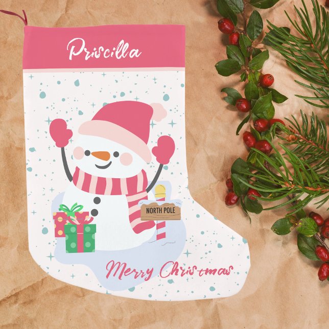 Girls Cute Pink Happy Snowman Northpole Small Christmas Stocking (Creator Uploaded)